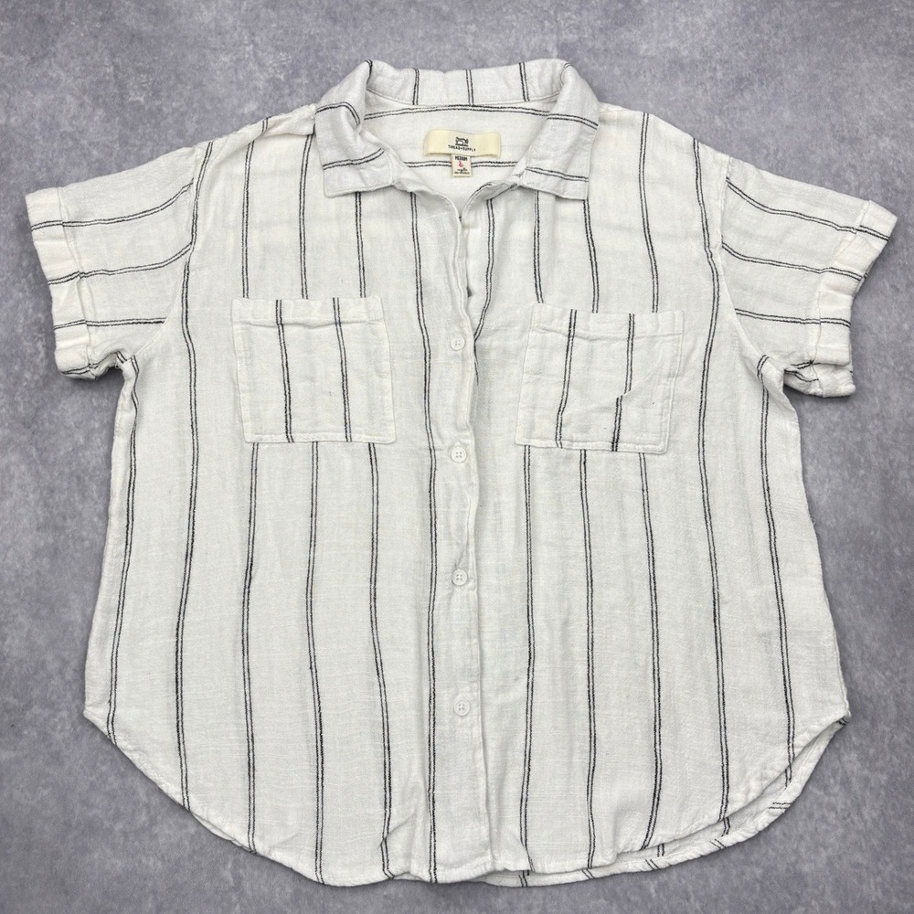 Thread Supply Shirt Womens Medium White Black Double Pinstripe Linen Blend Top M